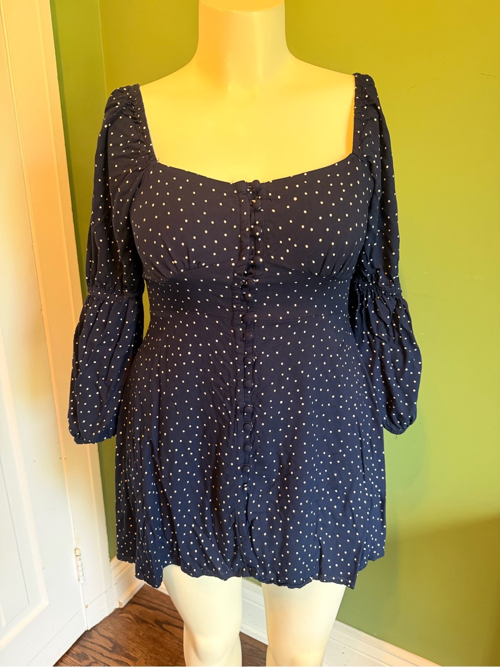 Angie Navy Polka Dot Square-Neck Peasant Tunic